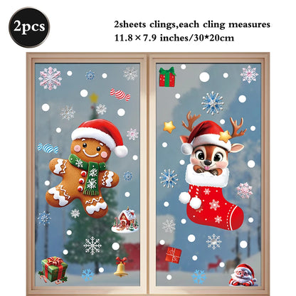 Christmas Window Static Clings Snowman Santa Claus Snowflake Reindeer Cute Xmas Decoration Decal Sticker Home Ornaments Supplies