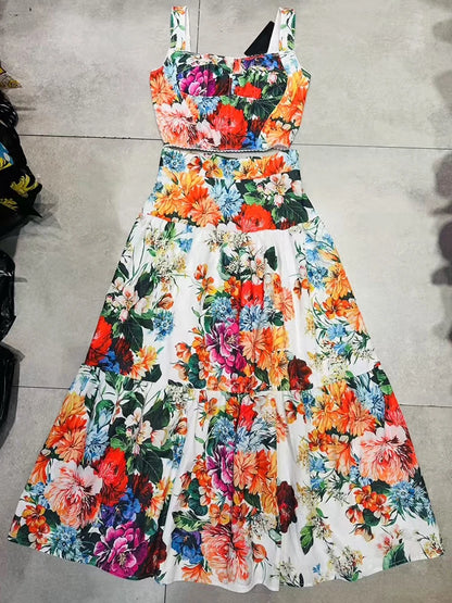 Elegant flower print sexy short tube top suspender top high waist big swing A-shaped skirt summer new two-piece women's suit
