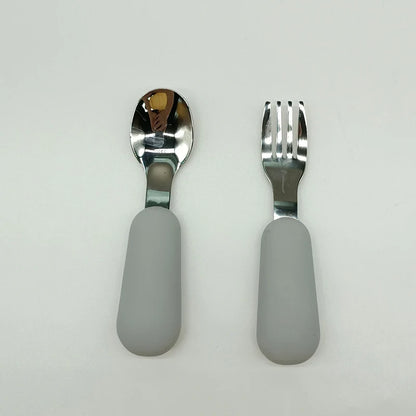 EtherealBe stainless steel baby utensils set with ergonomic silicone grips for easy handling