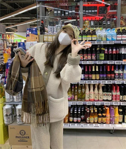 2024 Winter New Women's Lamb Wool Jacket Petite Loose-Fit Thickened Integrated Deer Skin Fleece Medium-Length Korean Style