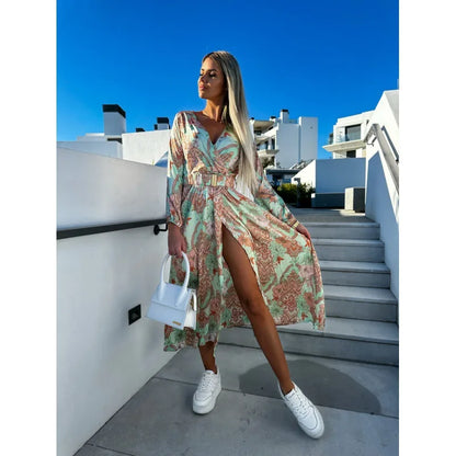 Autumn Women Floral Print Long Dress Elegant Sexy Deep V-Neck High Split Belted Dress Female Vintage Boho Long Sleeve Party Robe