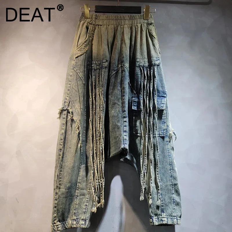 DEAT 2024 Autumn New Fashion Women's Hip-hop Jeans Loose High Elastic Waist Straight Wide Leg Denim Pants Female Trendy 29L8406