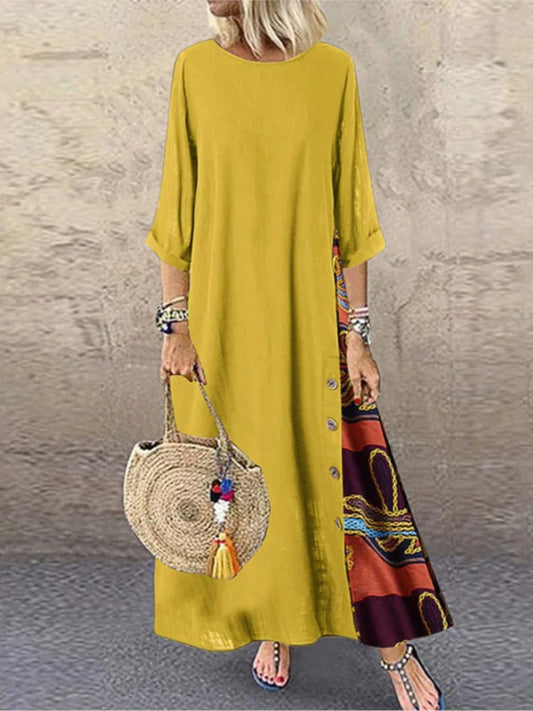 Autumn New Women's Dress Fashion Printed Round Neck Retro Style Patchwork Temperament Commuter Three-quarter Sleeve Long Dress