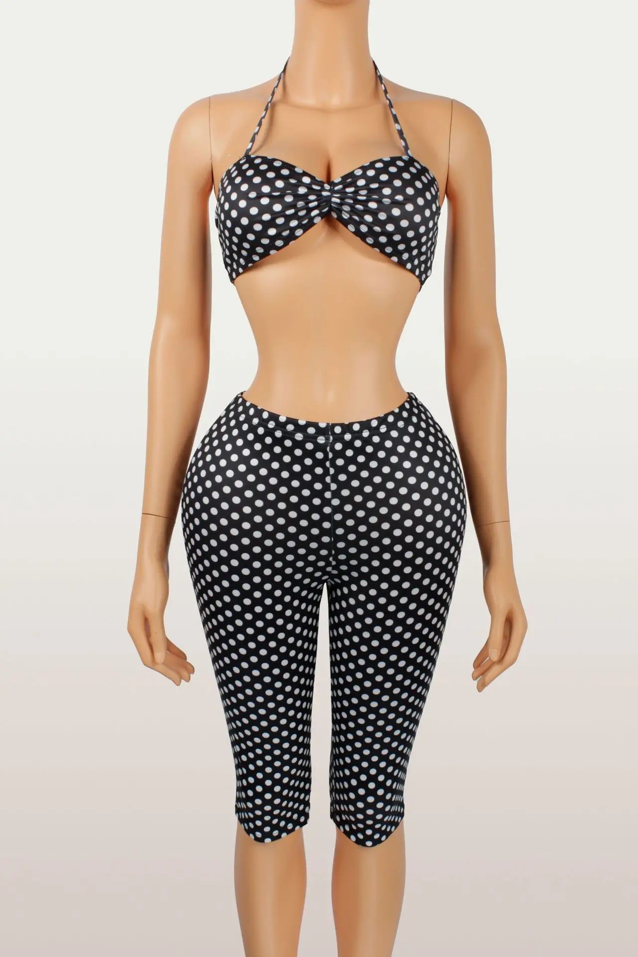 Weird Puss Polka Dot Print Women 2 Piece Set Halter Tank Tops+Bike Shorts Stretch Matching Streetwear Vacation Stretch Outfits