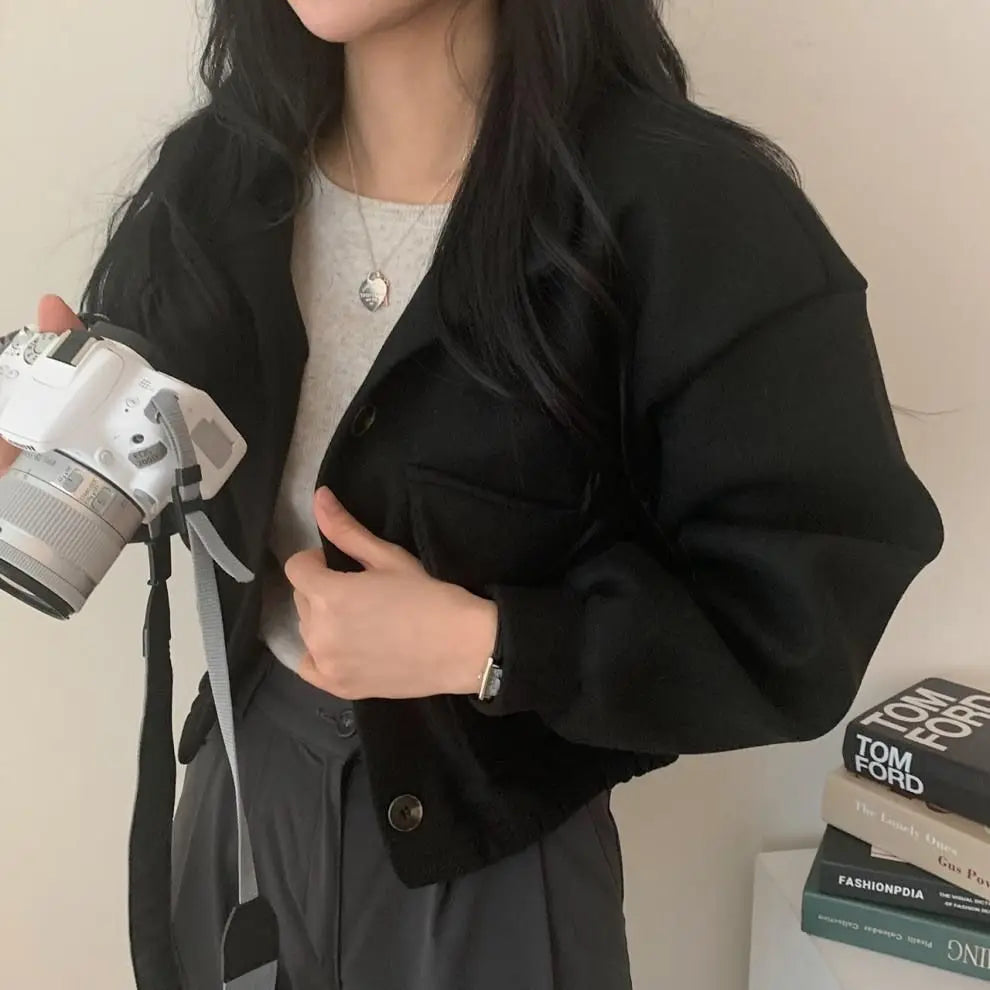 Autumn and Winter Loose Wool Coat for Women's Pocket Stand Collar Top Long Sleeve Button Hong Kong Style Wool Coat