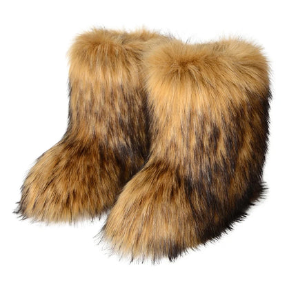 2025 Women Winter Faux Fur Boots Woman Fluffy Plush Warm Snow Boots Luxury Footwear Girls Furry Fur Bottes Fashion Winter Shoe