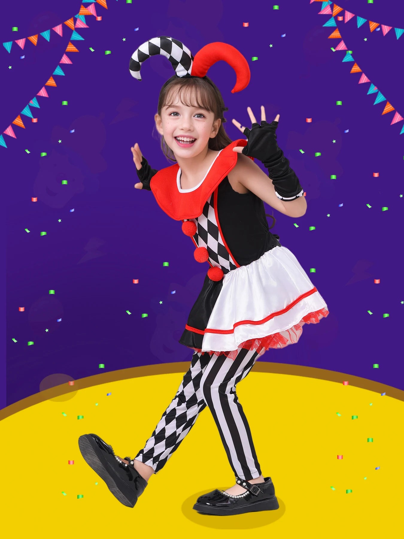 Girls jester clown costume featuring a playful design with harlequin patterns and colorful accessories