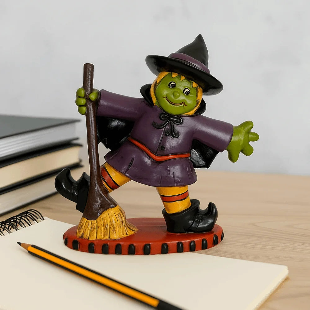 EtherealBe Halloween witch figurine in colorful costume with broom, perfect for Halloween decoration