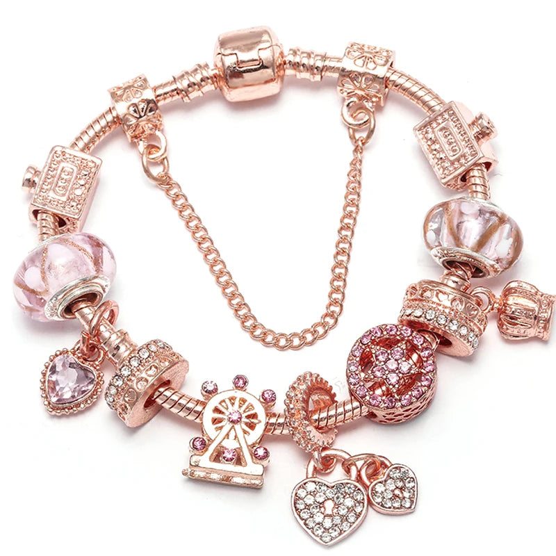 Spring Style Charms Bracelets For Women With Snake Chain Pink Daisy DIY Charms Beads Pendants Fashion Jewelry Dropshipping