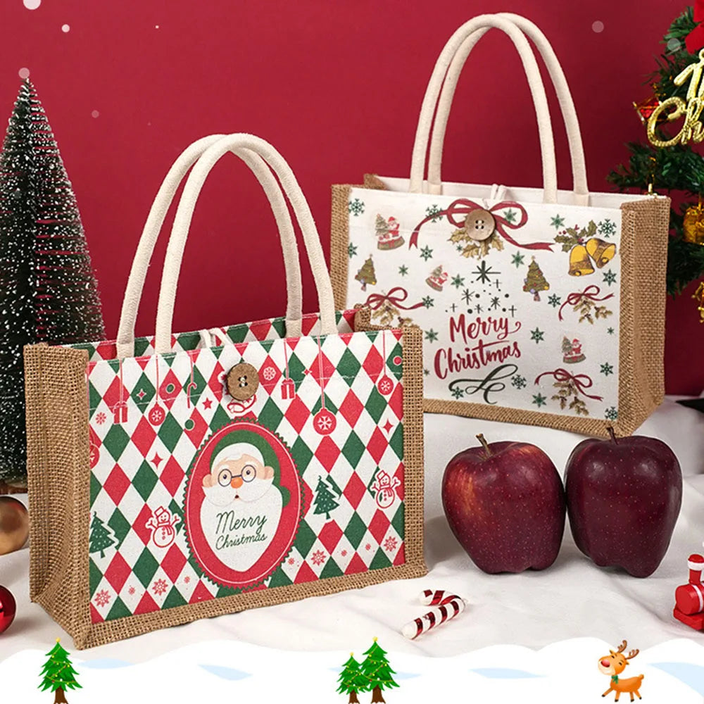 Christmas Tote Bag Santa Claus Prints Large Capacity Jute Handbag Female Eco-Friendly Shopping Christmas Gift Handbag New