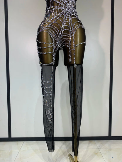 STOCK Sparkly Diamond Women Sexy Mesh Jumpsuit Nightclub Bar Party Show Gogo Dancer Clothing Drag Queen Outfit Stage Costume