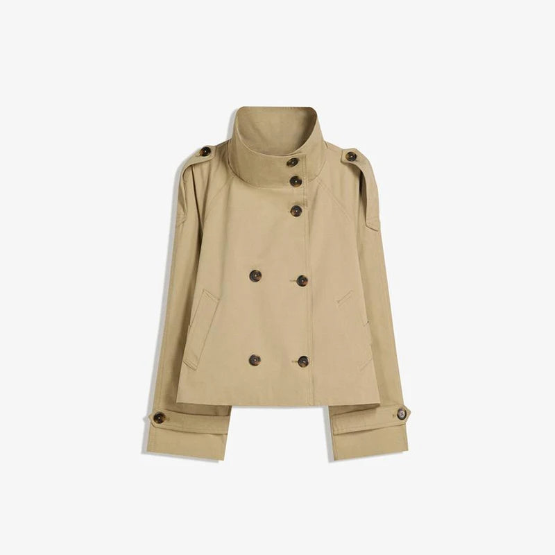 Belted Waist Cropped Trench Double Breasted Stand Collar 2025 Autumn Chic Elegant Women Coat Casual Vintage Office Lady Jacket
