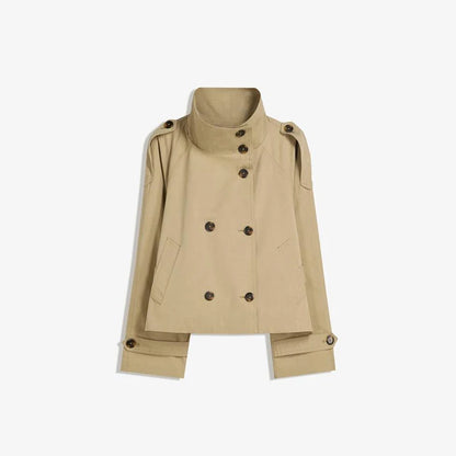 Belted Waist Cropped Trench Double Breasted Stand Collar 2025 Autumn Chic Elegant Women Coat Casual Vintage Office Lady Jacket