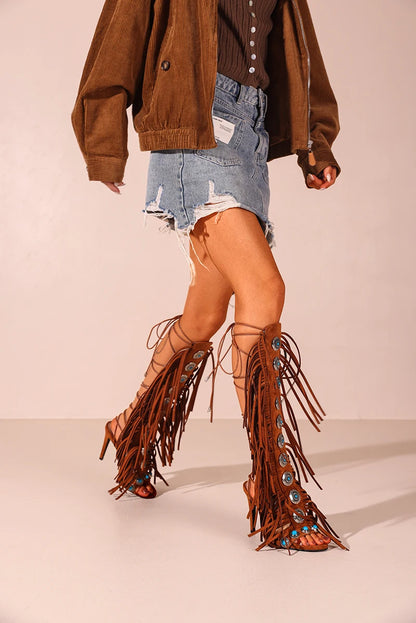 Real cow suede leather  tassels women sandals peep toe jewel lace up 10cm high heels