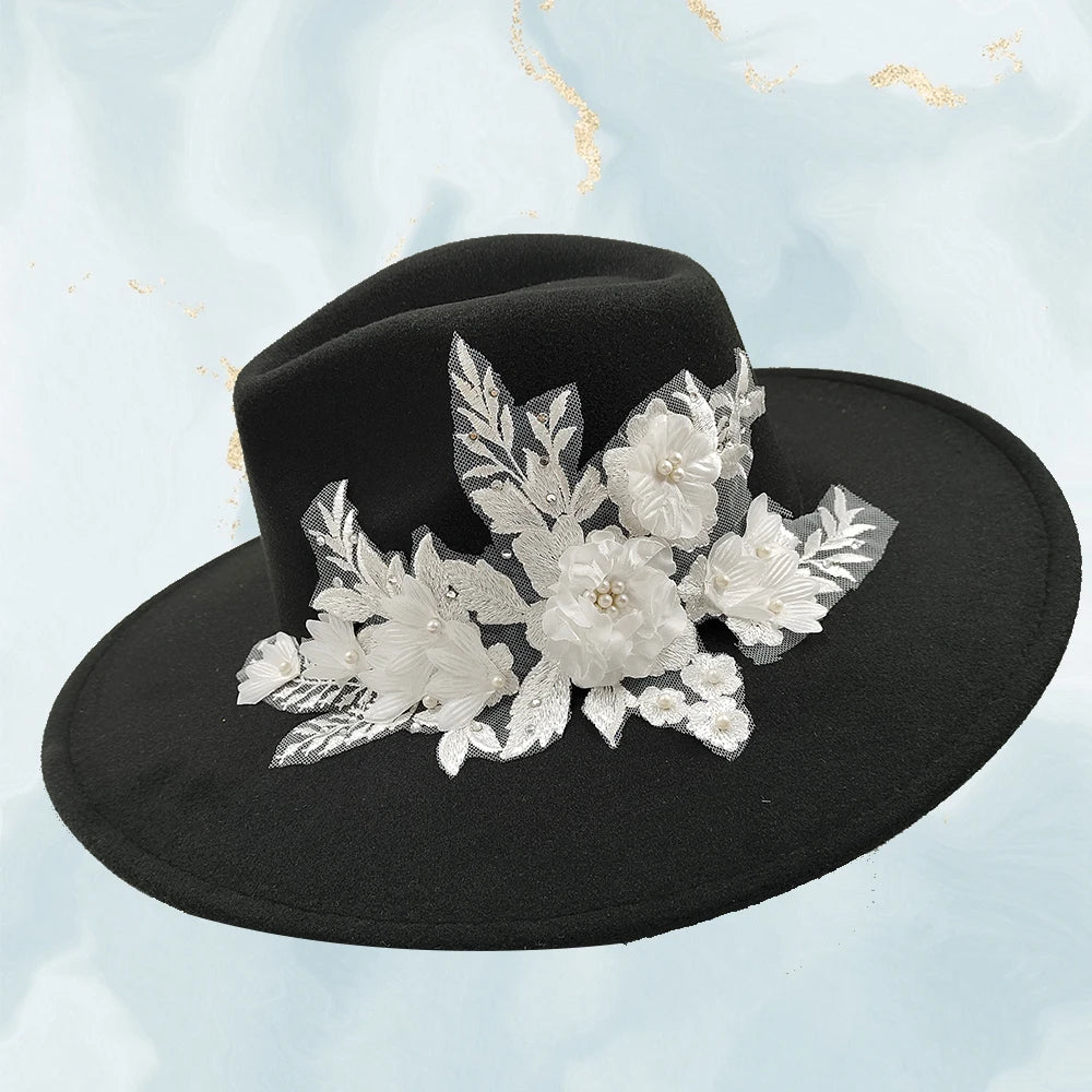 Embroidered three-dimensional flower fedora hat Women's jazz top hat Spring and autumn panama church fashion elegant wedding Hat