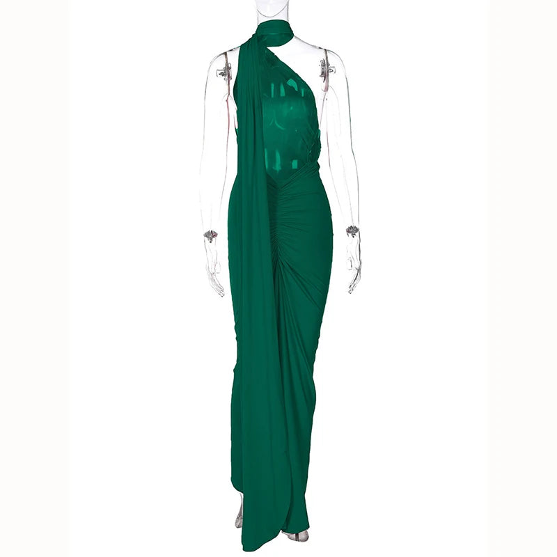 Hugcitar One Shoulder Backless Adjustable Scarf Loop Ruched Sexy Maxi Dress 2025 Women Elegant Y2K Streetwear Festival Outfit