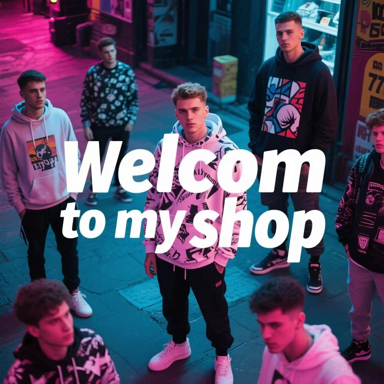 Group of men wearing trendy hoodies including a Halloween pumpkin hoodie for men in a colorful urban setting
