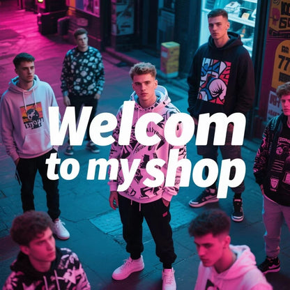 Group of men wearing trendy hoodies including a Halloween pumpkin hoodie for men in a colorful urban setting