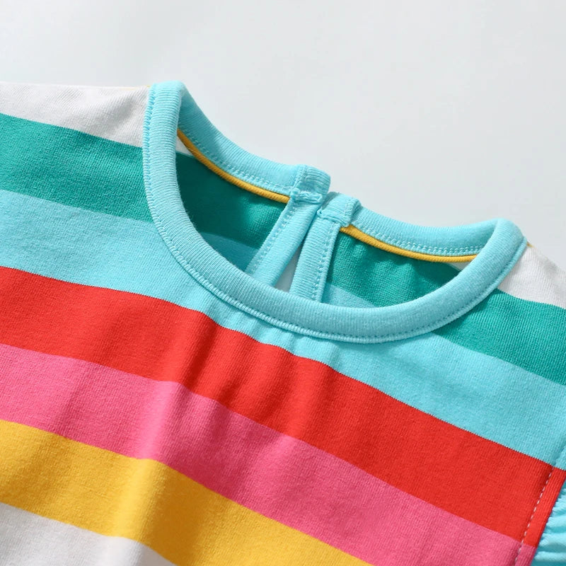 Kids Clothes 2025 New Summer Children's Clothing Cartoon Rainbow Striped Dresses Cotton Casual Vestidos  Gifts