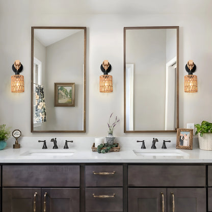 Rattan Wall Sconces Set of Two,Wall Lights with Dimmable, Boho Wall Mount Light Fixtures, Wicker Wall lamp  for Bedroom Nursery