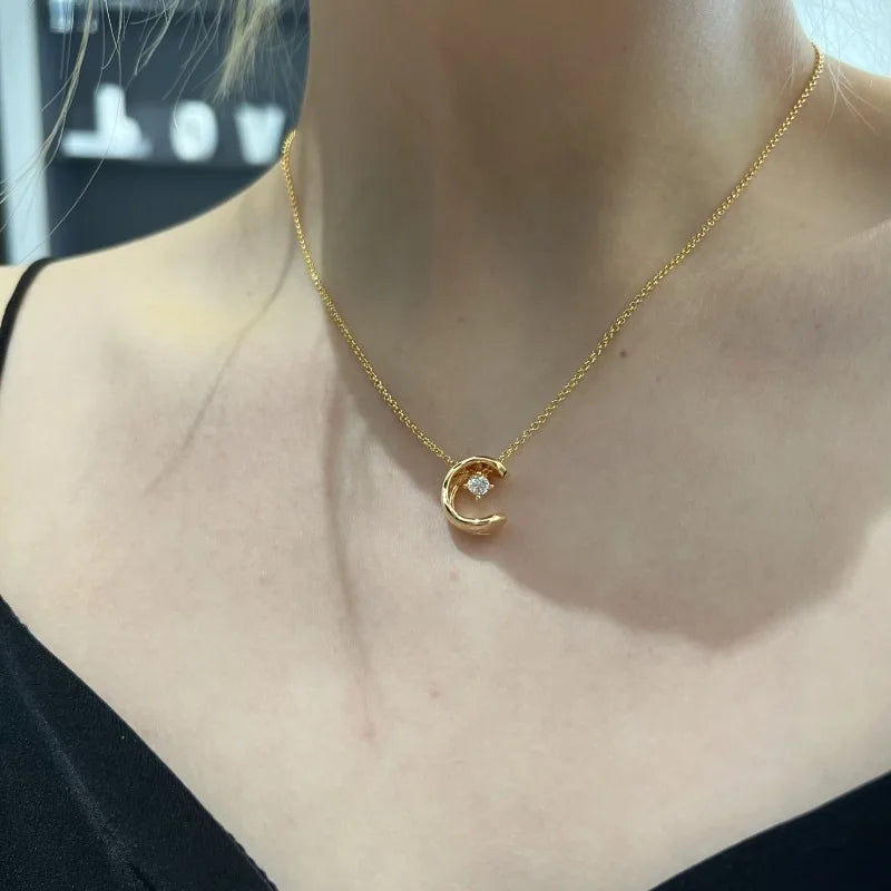 Minimalist Zircon Crystal Moon Pendant Necklace for Women Gold Color Clavicle Chain Charm Delicate Jewelry