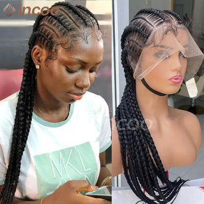 36 Inches Cornrows Braided Wigs Synthetic Full Lace Wig For Black Women Jumbo Braided Wigs Lace Frontal Faux Locs Box Braids Wig