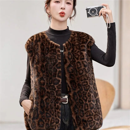 Winter fashion  casual senior sense thin  fur integrated leopard print vest warm top clothing  chalecos para mujer