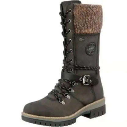 2025 Women Winter Buckle Lace Knitted Mid-calf Boots Low Heel Round Toe Boots Top Quality Winter Warm Boots Women Botas De Mujer