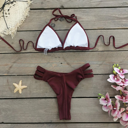 Comfortable Brazilian G-String Swimwear Bandage Stripes Trim Halter Female Bikini Set 2024 New Fashion Chest Pad Beachwear