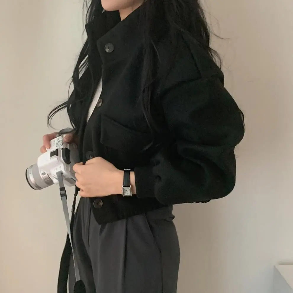 Autumn and Winter Loose Wool Coat for Women's Pocket Stand Collar Top Long Sleeve Button Hong Kong Style Wool Coat