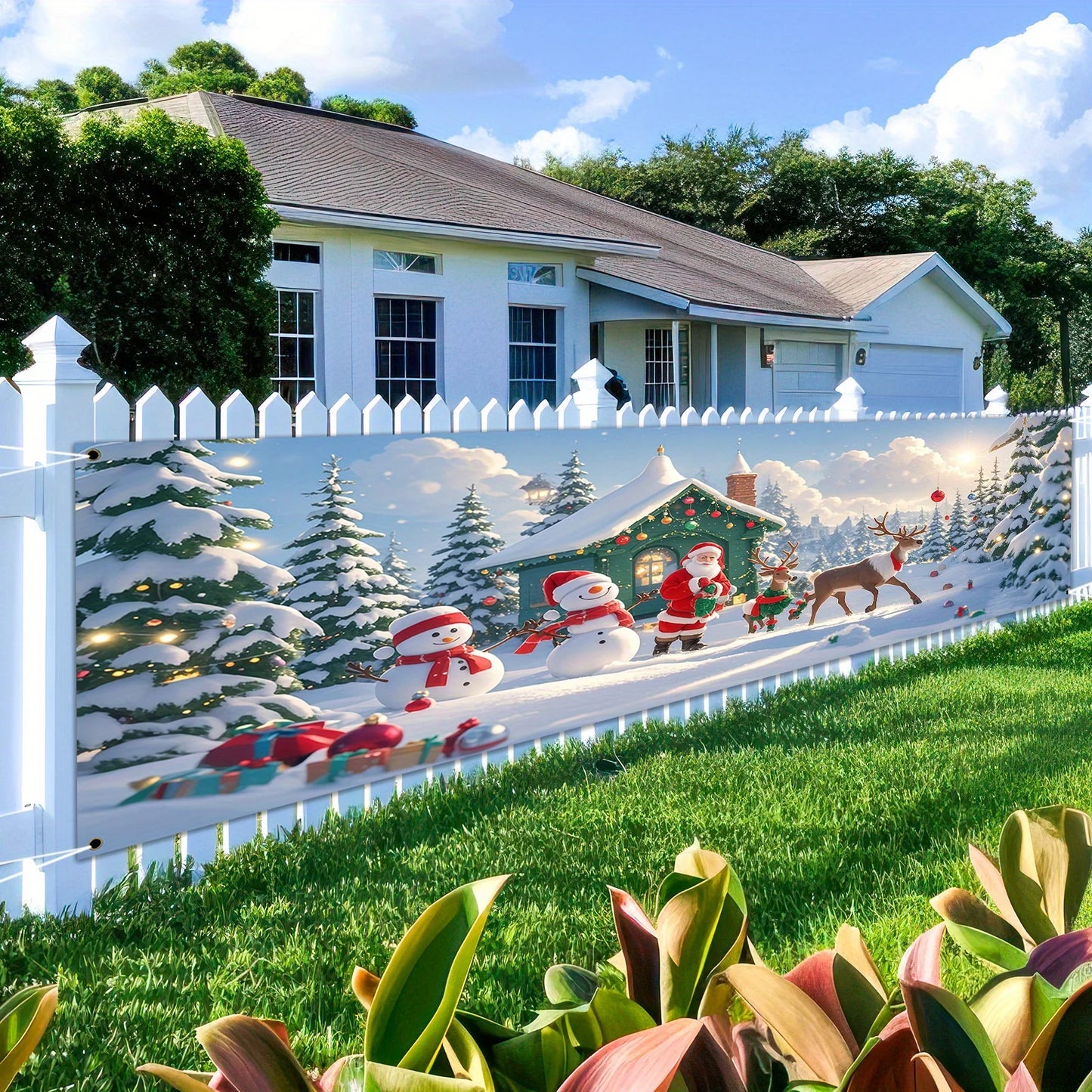 1 Christmas banner - Santa Claus, Snowman and Reindeer Hut Winter Wonderland scene - Heavy holiday decorations