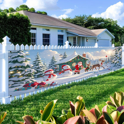 1 Christmas banner - Santa Claus, Snowman and Reindeer Hut Winter Wonderland scene - Heavy holiday decorations