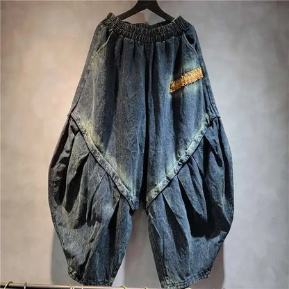 DEAT Personality Loose Denim Pants For Women 2025 Spring New Item High Elastic Waist Big Size Splicing Jeans Female 11A02417