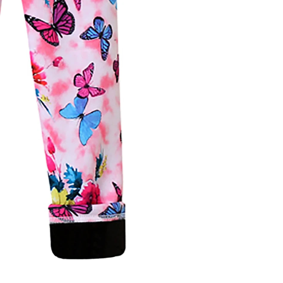 Girls Warm Plush Long Pants for Autumn Spring Cartoon Butterfly Striped Soft Cozy Leggings Fleece-Lined Bottoms Kids Casual Wear