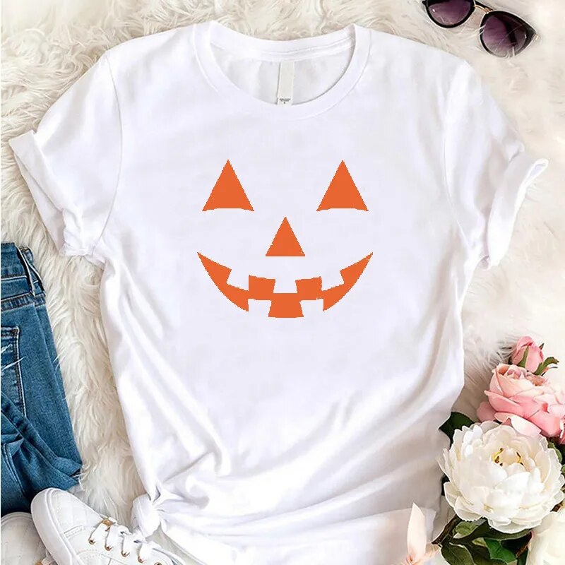 Funny Pumpkin Face Women T Shirts Orange Halloween T-shirt Causal Streetwear Fall Witch Graphic Tee Women's Clothes Festival Top