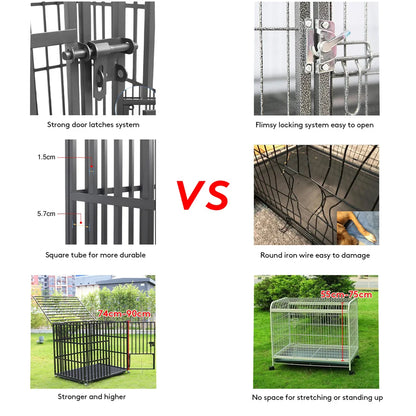 XXL Large Heavy Duty Dog Crate Strong Pet Cage Tear Resistant Square Tube Metal Kennel Playpen with Lockable Wheels and Tray