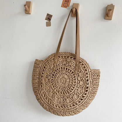 Round Straw Beach Bag Vintage Handmade Woven Shoulder Bag Raffia circle Rattan bags Bohemian Summer Vacation Casual Bags