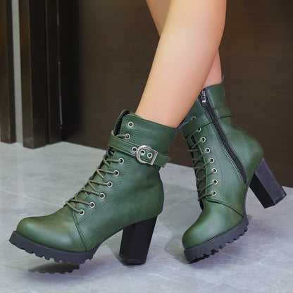 Women's Ankle Boots Green Large Size Winter 2025 New Horse Biker Chunky Rubber Bottom High Heel Platform Casual Basic Rain Shoes
