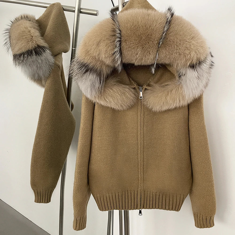 OFTBUY Real Fox Fur Kintwear Women 2025 New Spring Autumn Hooded Sweater Female Loose Zipper Kintted Jacket Oversized Cardigan