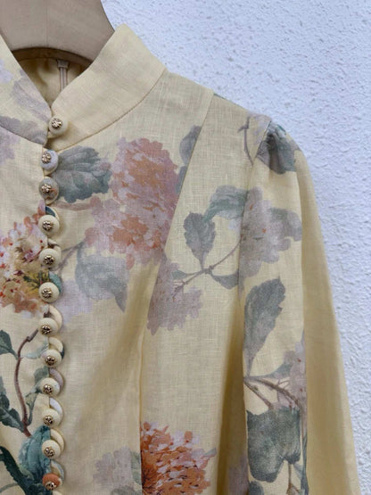 Zimm 100% Linen Long Puff Sleeve Runway Designer Lace-up Floral Printing Women Midi Dress Chic Vintage Bohemian Elegant Luxury