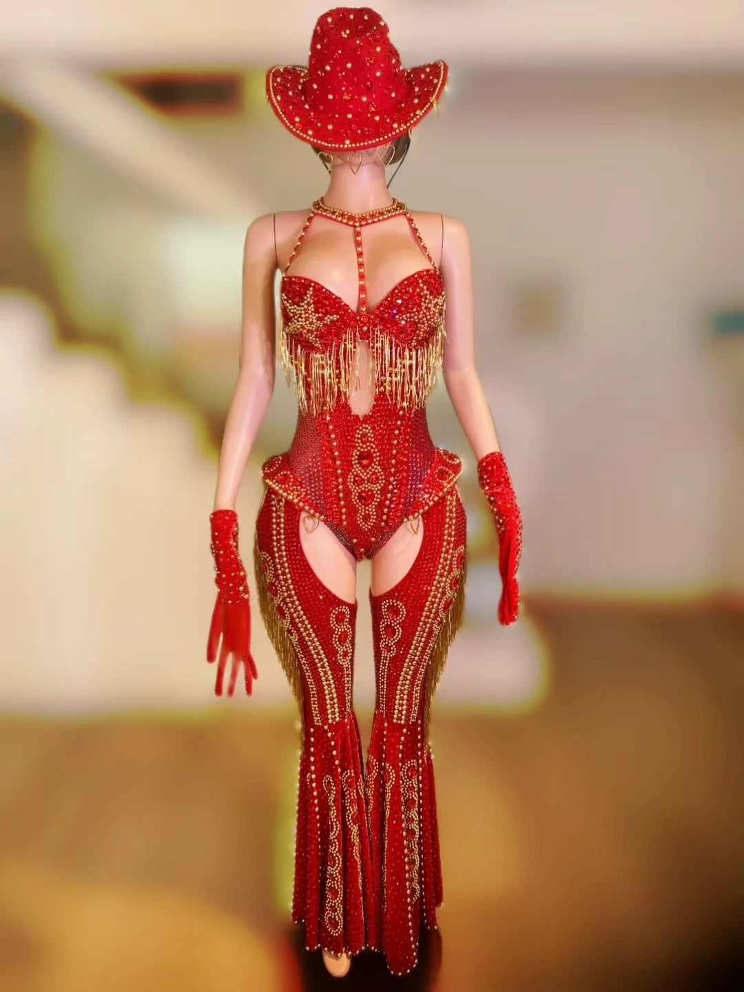 Women Sparkly Rhinestone Red Bodysuit 4Pieces Set Nightclub Party Stage Show Outfit Cabaret Carnival Showgirl Sexy Wear Hongding