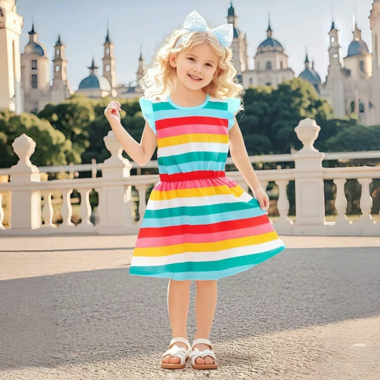 Kids Clothes 2025 New Summer Children's Clothing Cartoon Rainbow Striped Dresses Cotton Casual Vestidos  Gifts