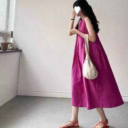 Minimalist Summer Lazy Style round Neck Long Oversized Sleeveless Dress Maxi Dress Comfortable Loose Fit V-Neck Knee-Length Dres