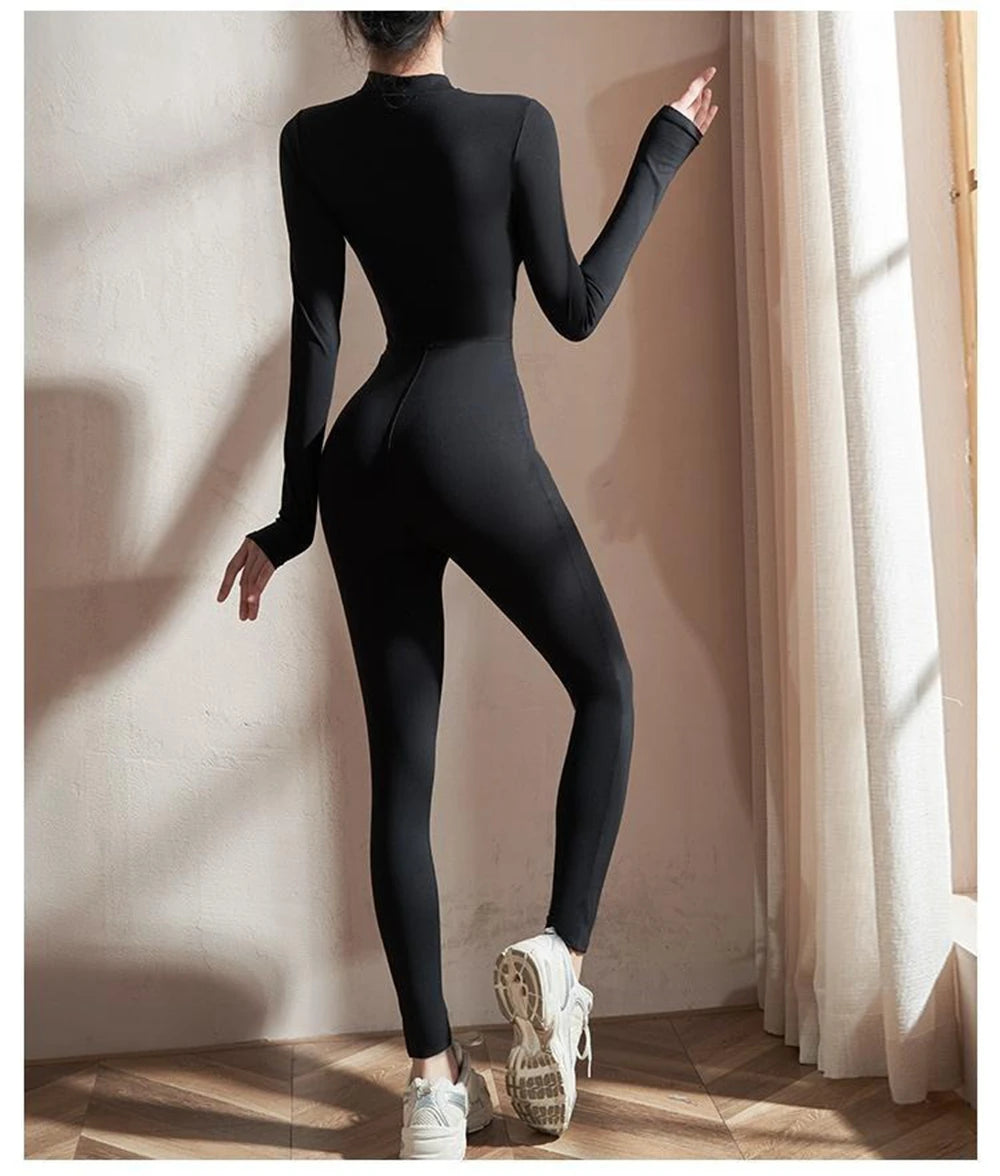 Womens Jumpsuits Long Sleeve Yoga Slim Fit Stretch One Piece Romper Sexy Fitness Female Basic Sportwears Tight Zipper
