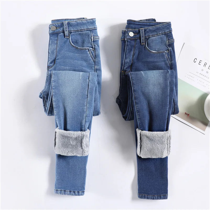 New Winter Women Snow Thermal Fleece Skinny Jeans Casual Lady Warm Velvet Thick Pencil Pants Female Basic Fleece Denim Trousers