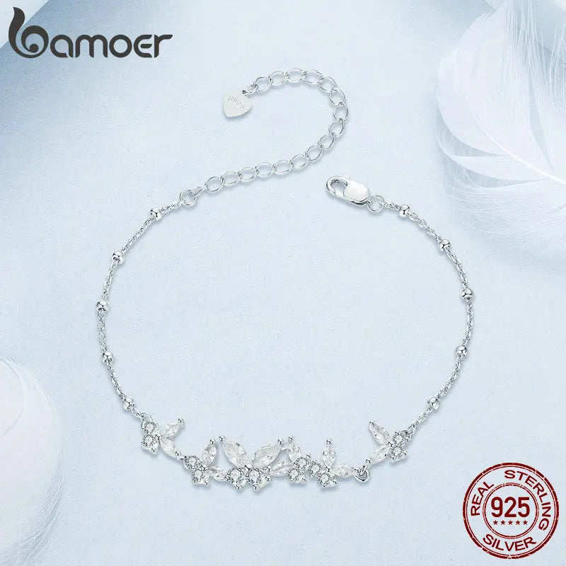 Bamoer 925 Sterling Silver Exquisite Dancing Butterfly Bracelet Pave Setting CZ Shiny Chain Link for Women Wedding Fine Jewelry