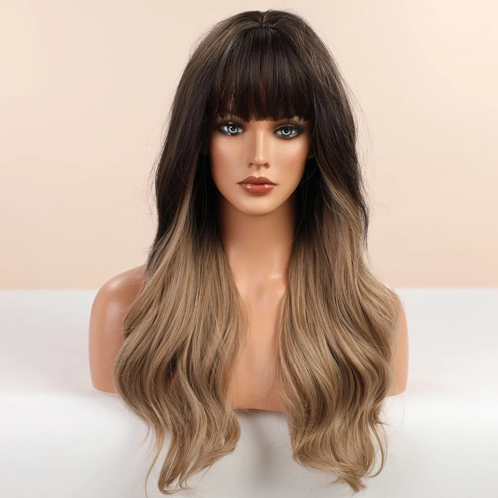 Element Medium Length Synthetic Straight Natural Brown Wigs with Side Bangs Heat Resistant Party Wigs for White/Black Women