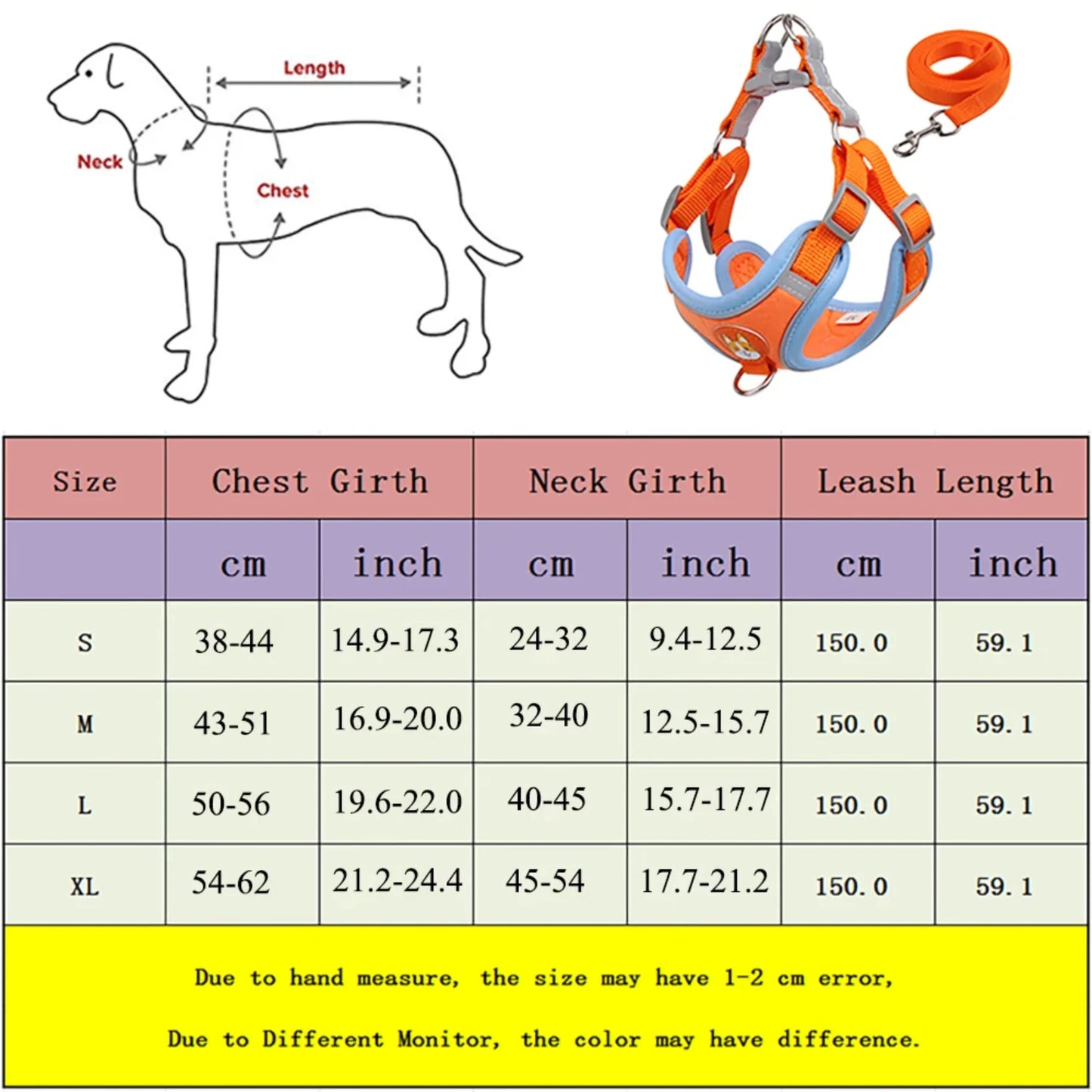 Dog Harness with 1.5m Traction Leash Set  Pull Dog Vest Strap Adjustable Reflective Breathable Harness  Dogs Puppy and Cats Flea
