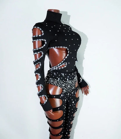 rhinestHollow Out Sexy Black Women Bodysuit pants Sets Long Sleeve Turtleneck Bodysuits Clubwear Costumes Stars Hot Singer Stage