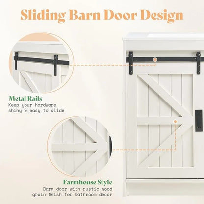 Farmhouse Bathroom Vanity with Sink Combo,Sliding Barn Door Bathroom Vanity Cabinet Set with Storage Drawers, Metal Handles